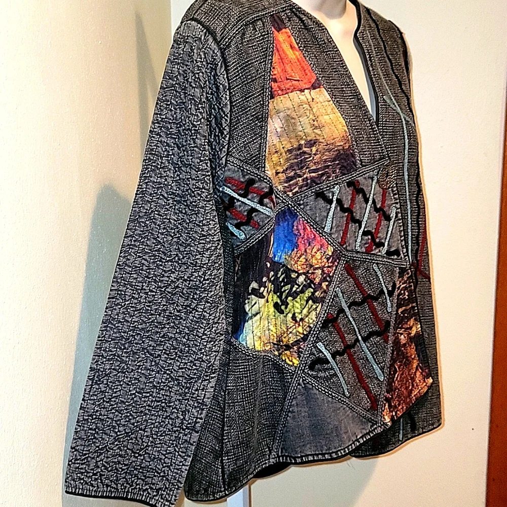 PASLEY & SAGE MIXED TEXTILE EMBROIDERED BOHO FABRIC JACKET - Picture 3 of 13